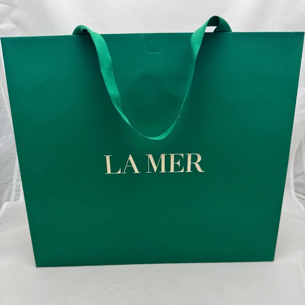 💚 La Mer Extra Large Gift Bags Set of 3 + 2 Satin Ribbons Logo 11x12x5 Used